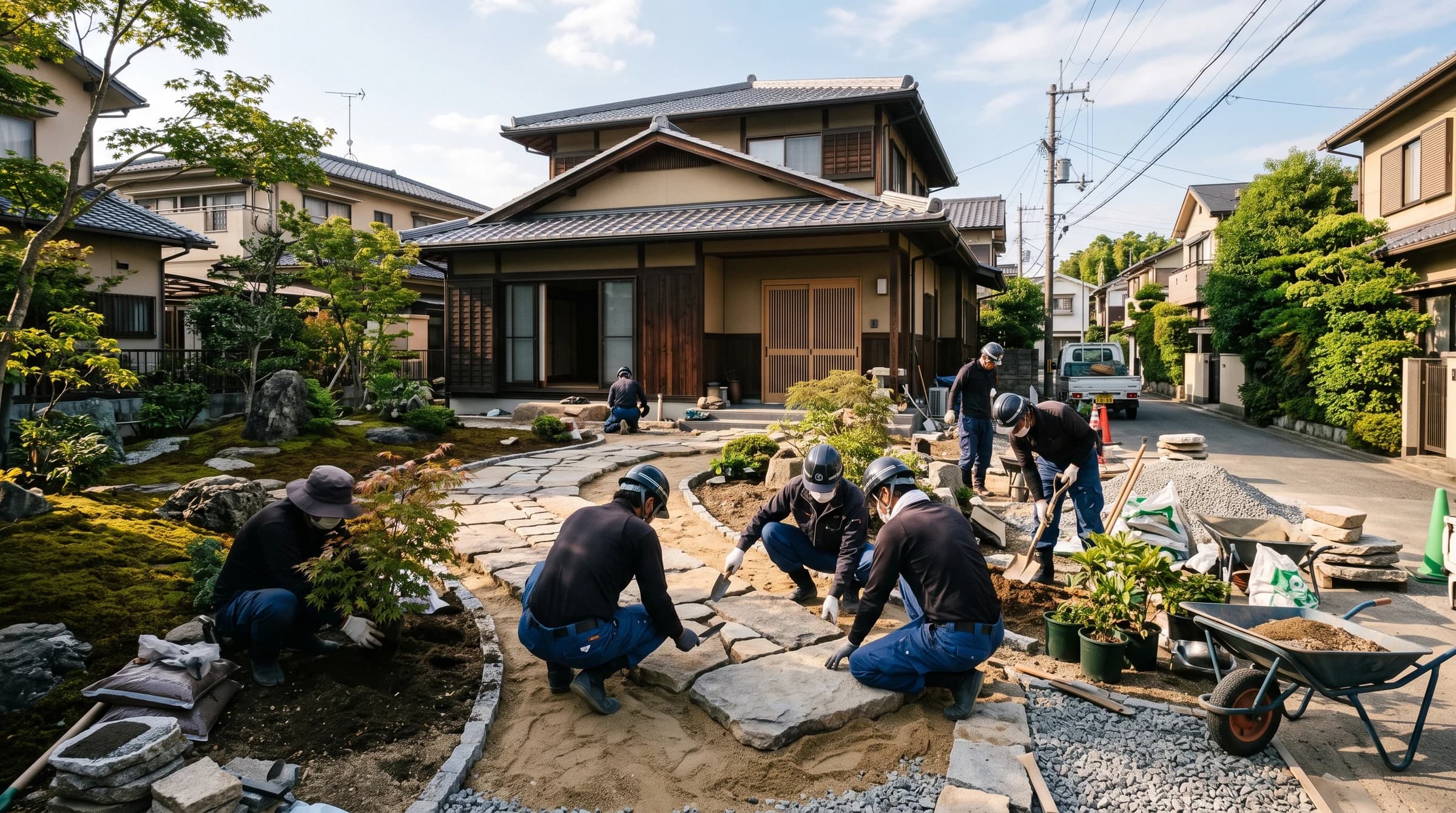 外構工事現場でプランを確認するスタッフ
