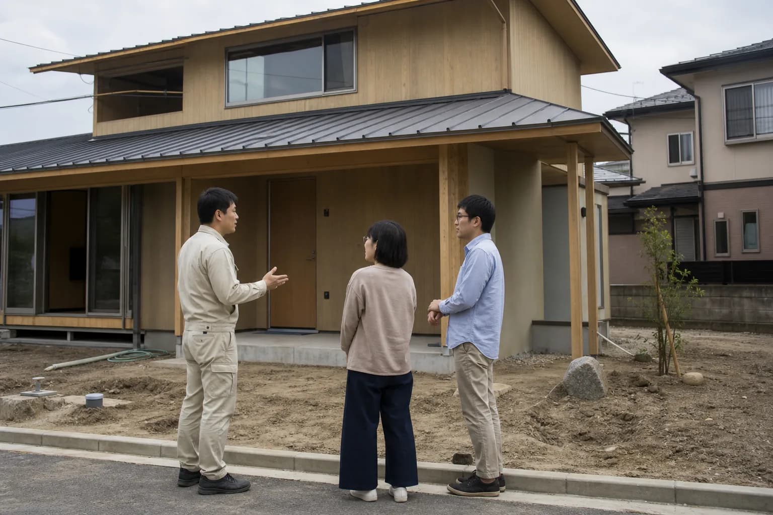 上棟後の新築住宅前でスタッフがお客様と外構の相談をしている様子