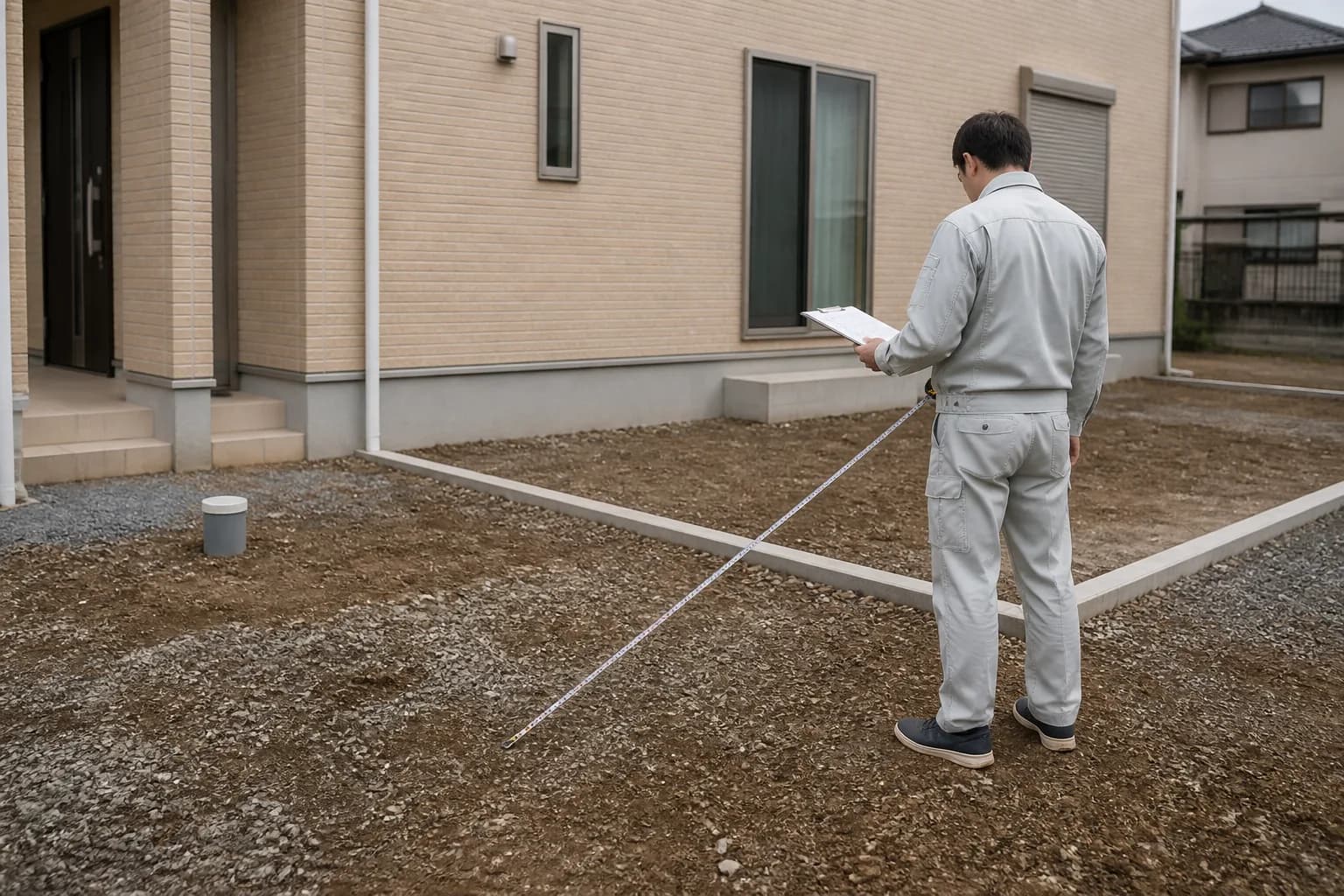 新築住宅の敷地をメジャーで採寸するスタッフ