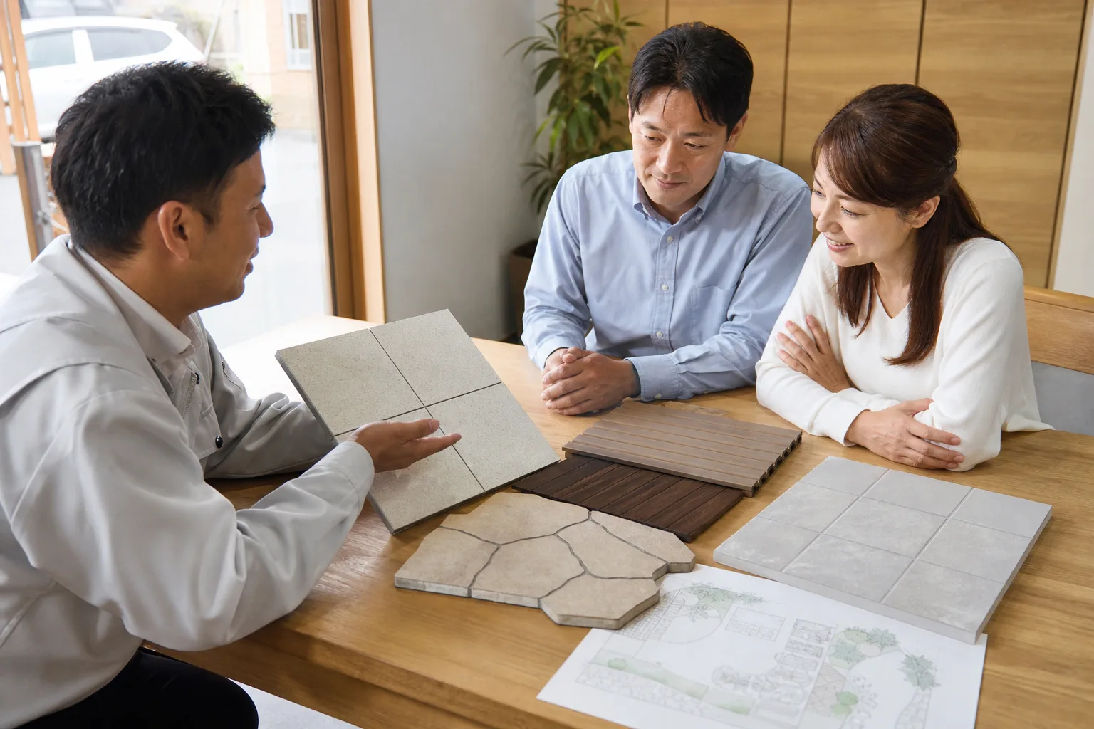舗装やフェンスのサンプルを見せながらプランを説明するスタッフ
