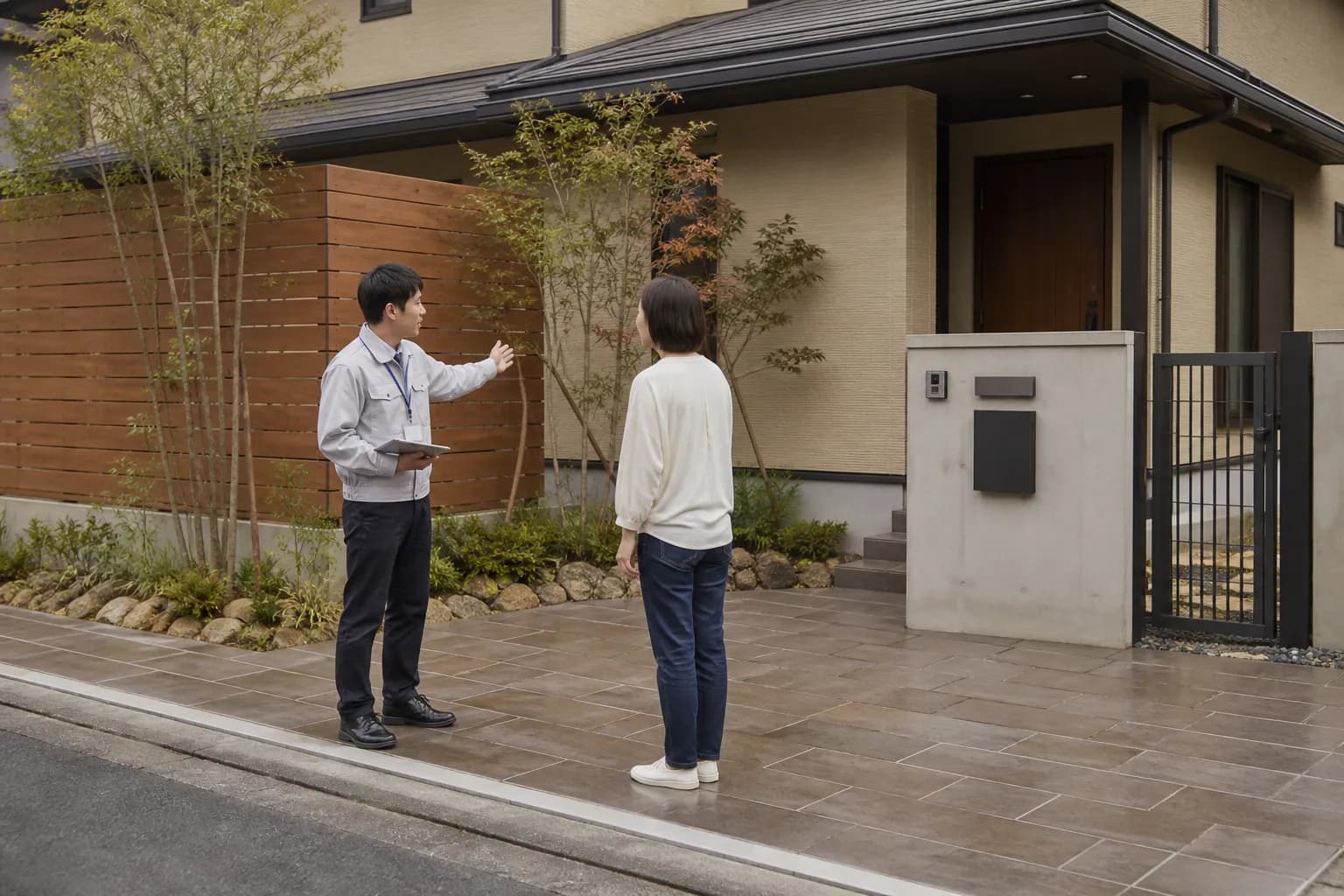 完成した外構をスタッフがお客様と一緒に確認している様子