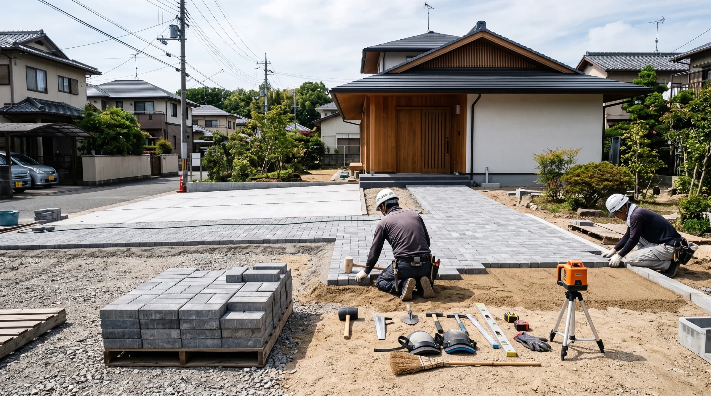 舗装材が並ぶ外構工事現場